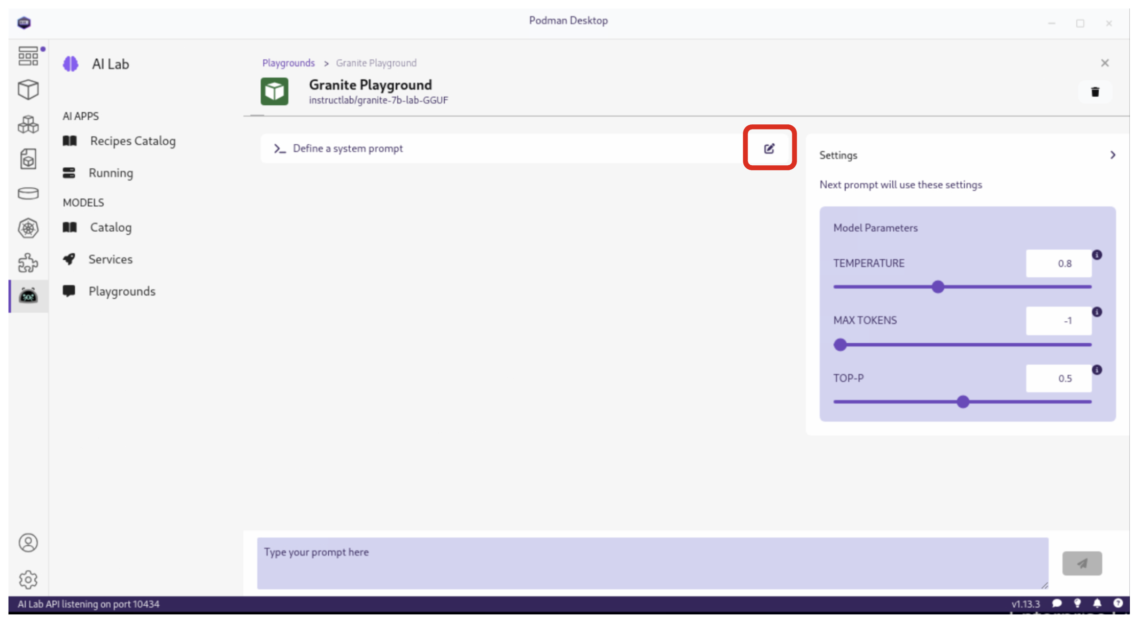 Podman AI Lab Playground Settings